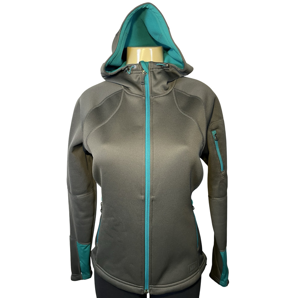 REI Jacket Womens Medium Gray Teal Hooded Softshell Fleece Lined Zipper Pockets